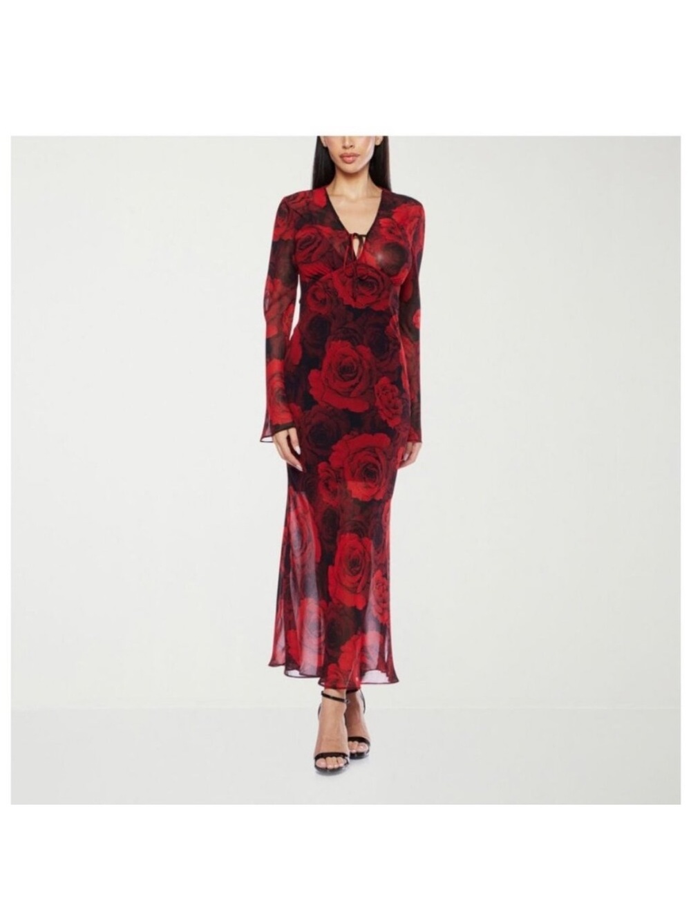 Red Rose-Print Long Sleeve Maxi Dress